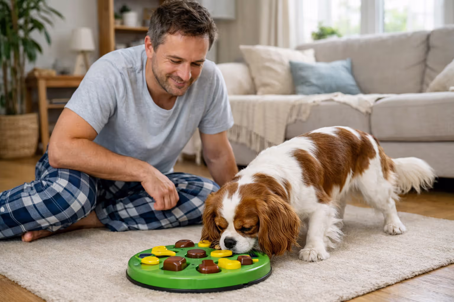 A Cavalier King Charles Spaniel exploring a puzzle toy with treats during a calm indoor training session