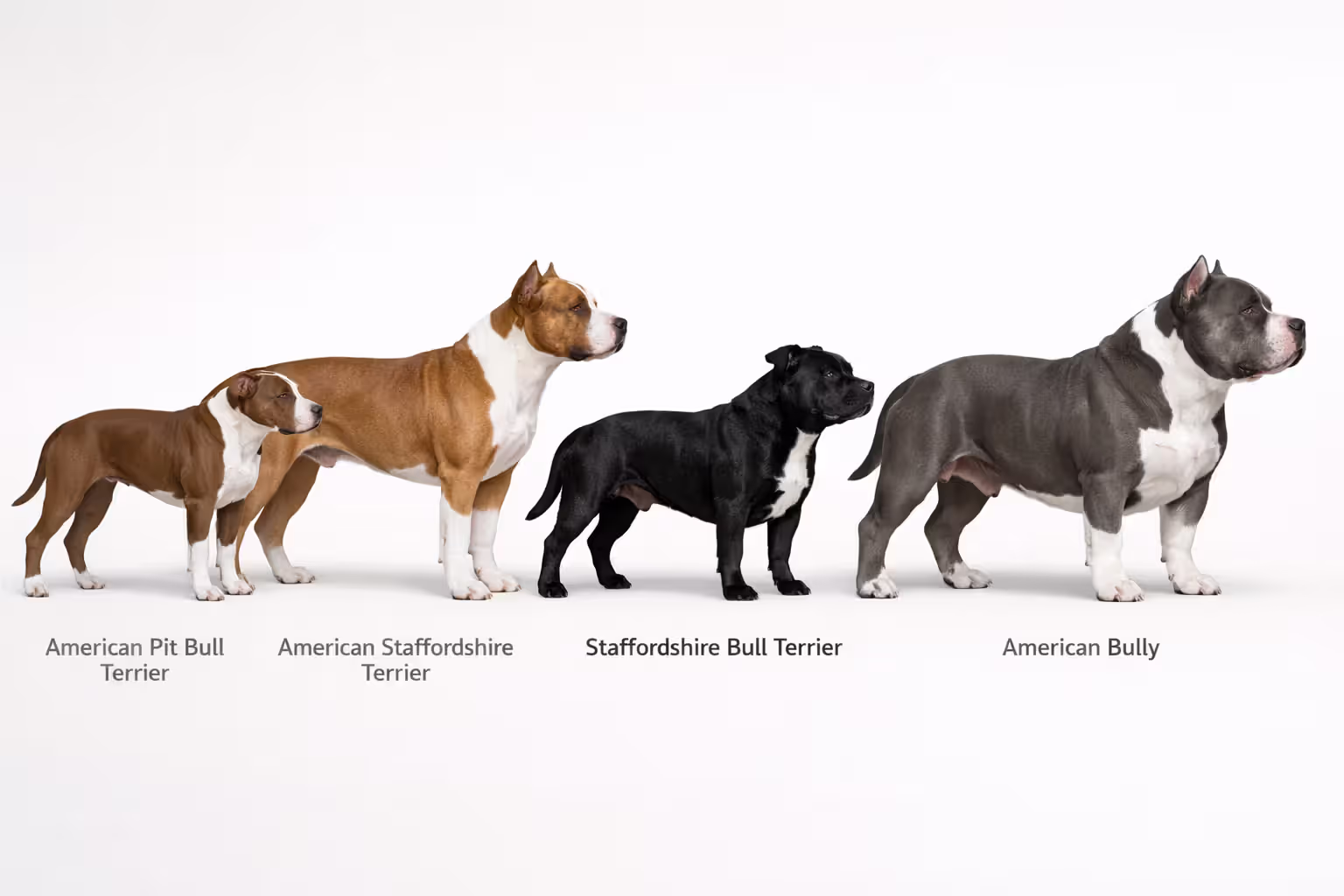 Side-by-side comparison of four pit bull type breeds showing size and build differences