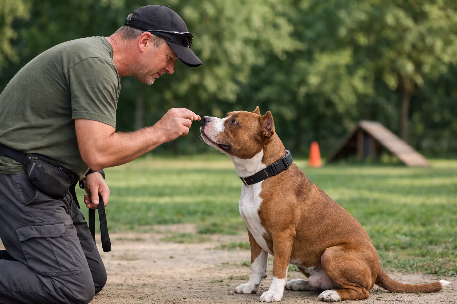 Owner training a pit bull terrier using positive reinforcement with treats outdoors