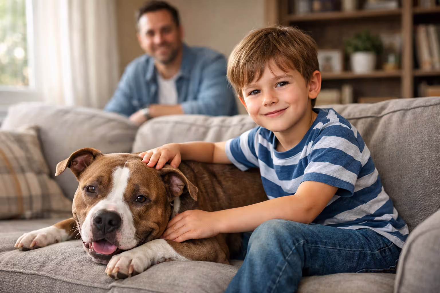 Child sitting with a pit bull terrier on a couch under adult supervision at home