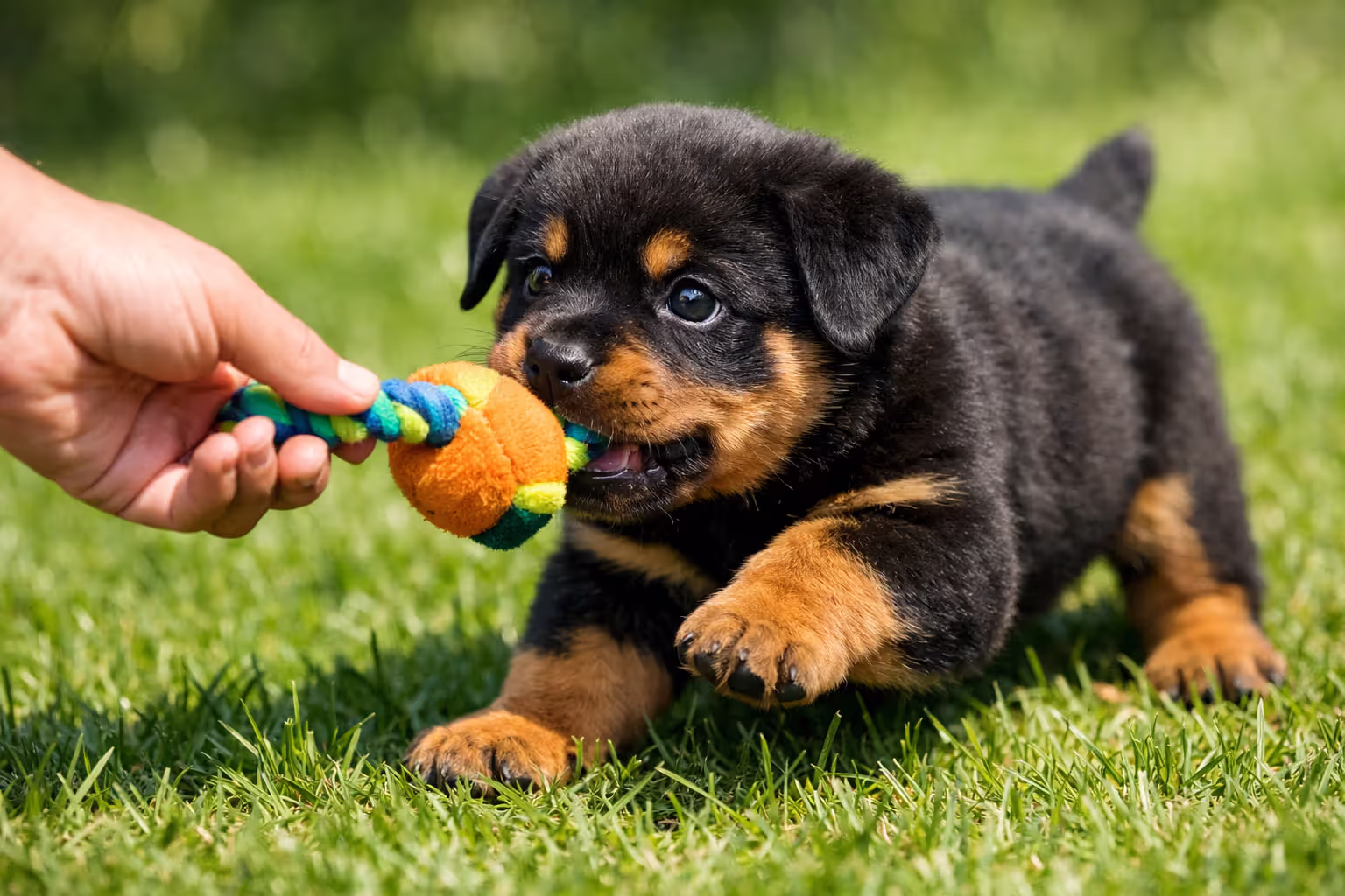 Young Rottweiler puppy playing outdoors during early socialization stage