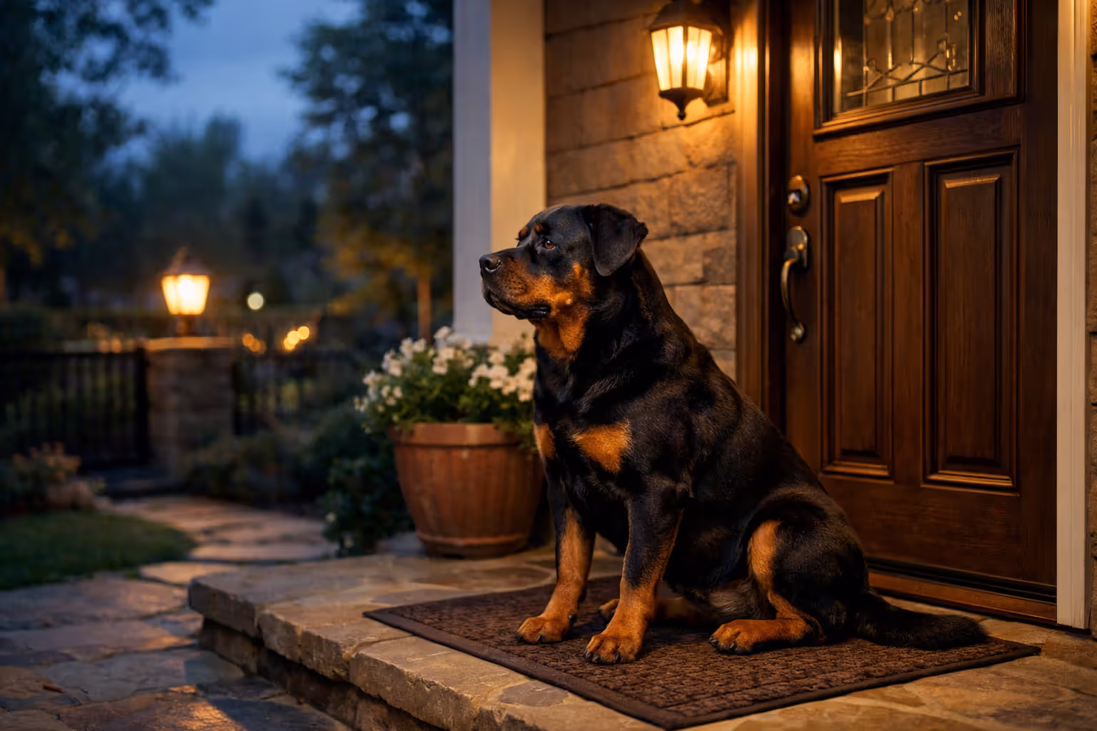 Rottweiler guarding home entrance at dusk showing natural protective instincts