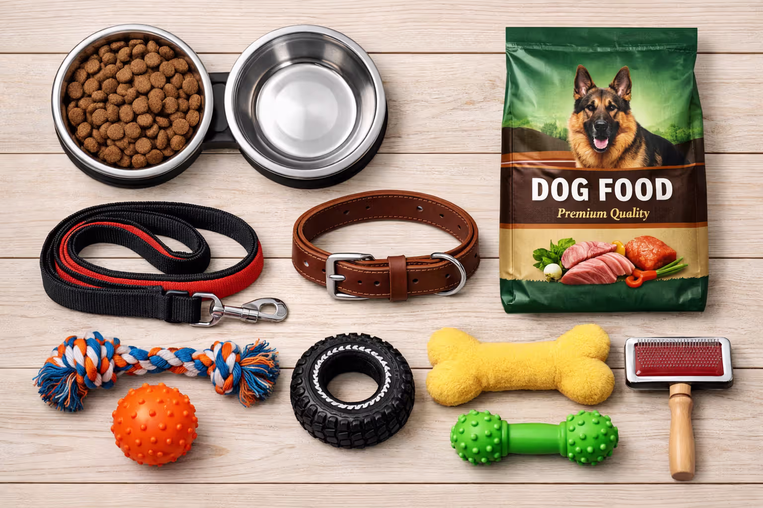 Essential Rottweiler owner supplies including food bowls leash collar and grooming tools