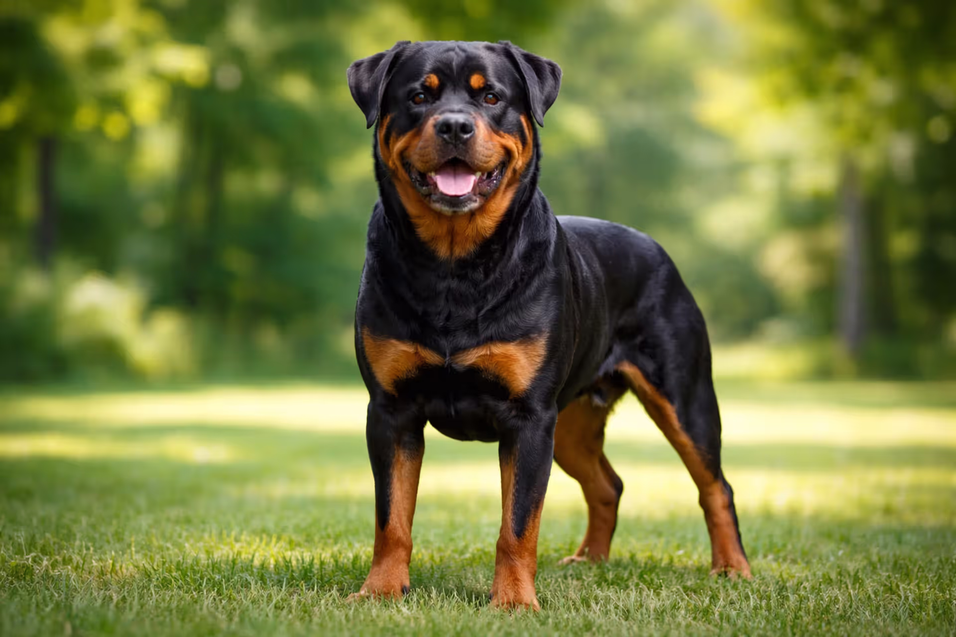 Adult Rottweiler standing confidently outdoors with black and tan markings