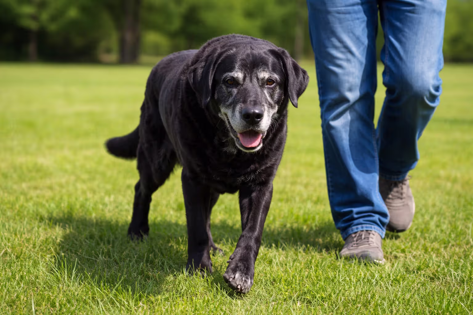 Elderly Labrador walking with hip dysplasia showing signs of mobility difficulty