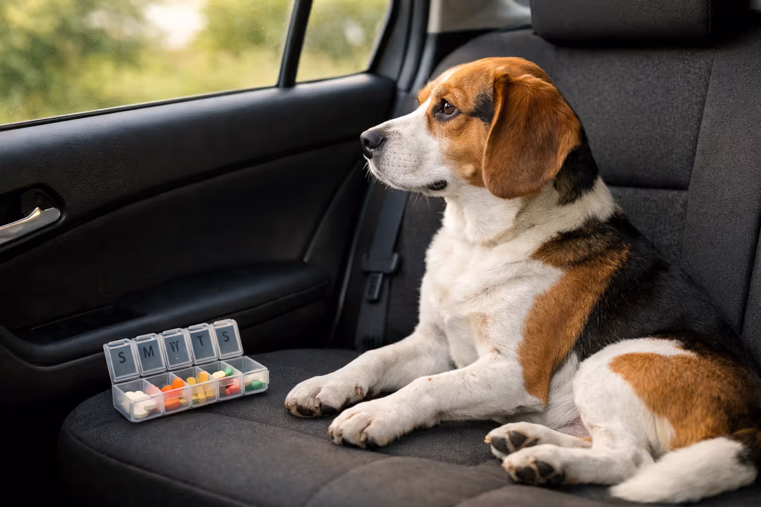 Calm dog sitting relaxed in car back seat with medication container nearby