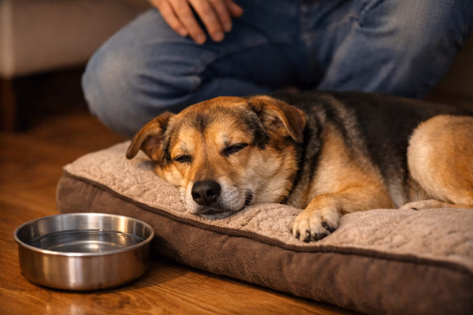 Dog resting drowsily at home as common gabapentin side effect during first days