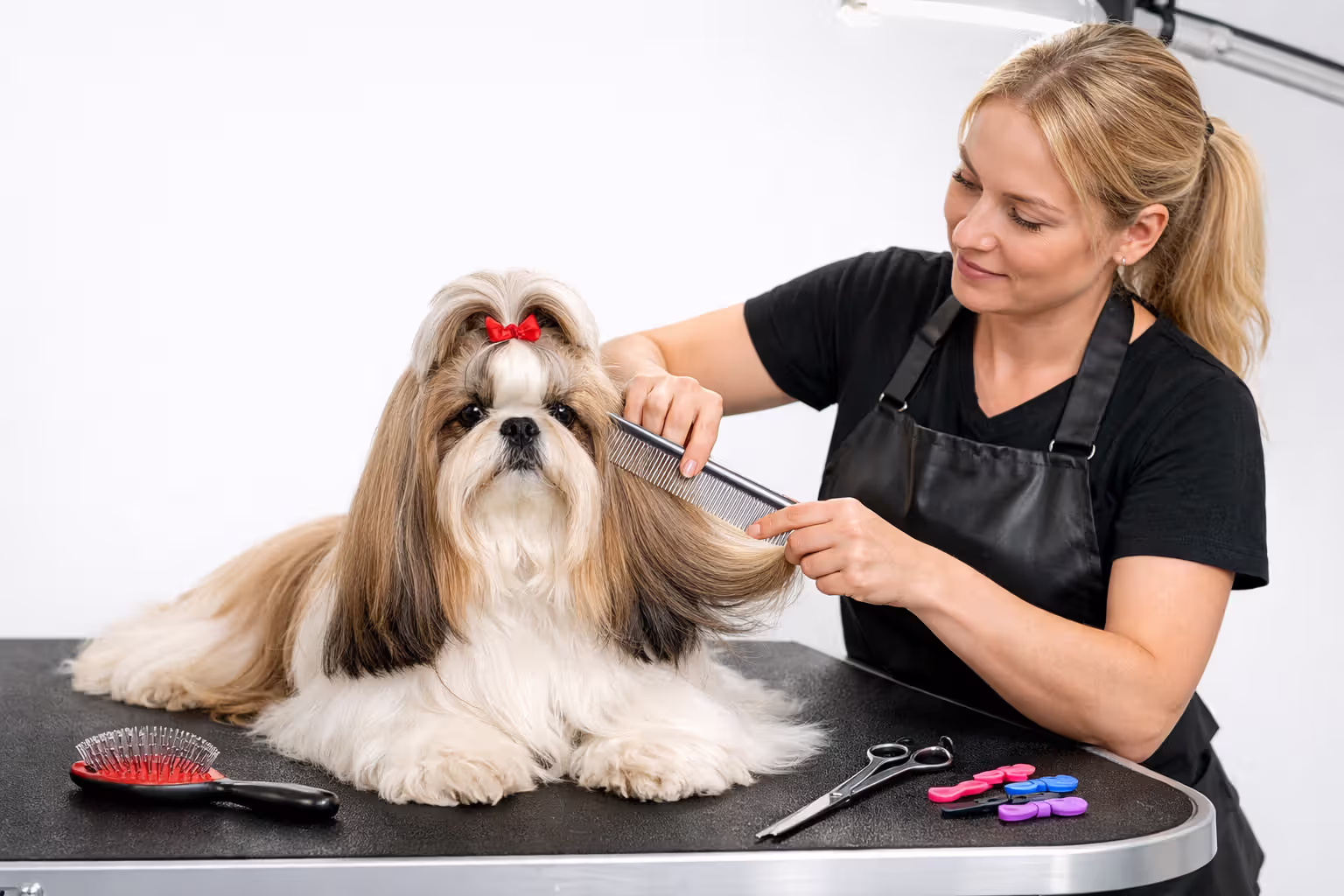 Professional groomer combing long Shih Tzu coat on grooming table with metal comb