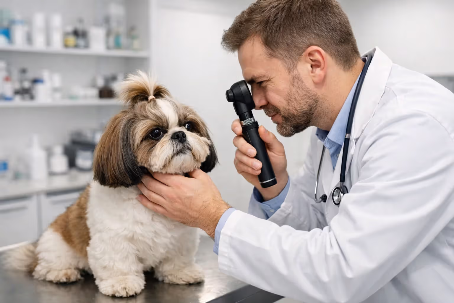 Veterinarian examining Shih Tzu eyes with ophthalmoscope in a clinic setting