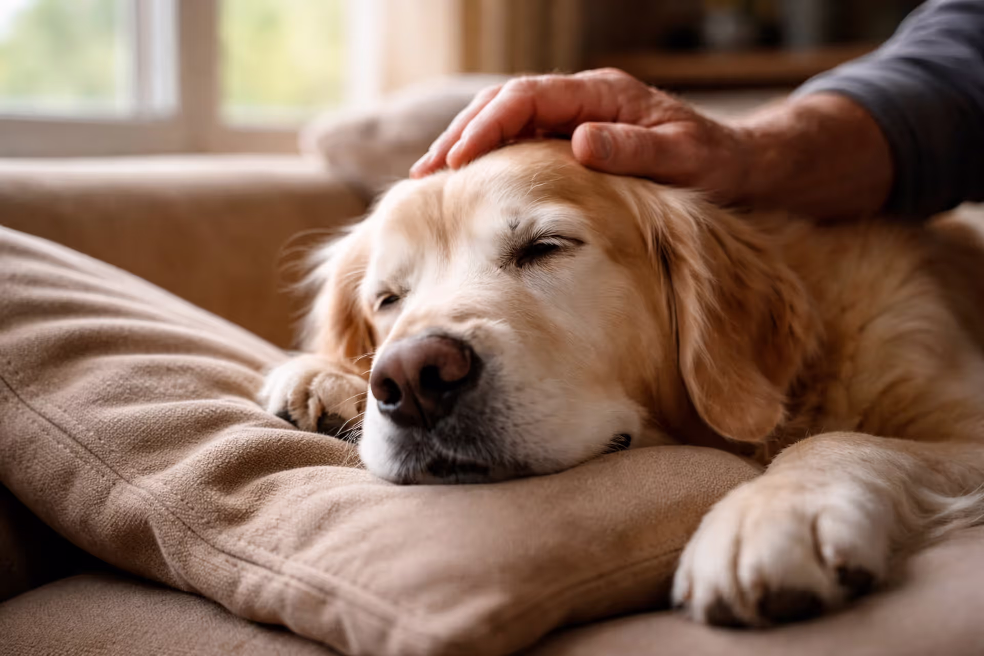 An elderly dog lies by the window while its owner gently strokes its head