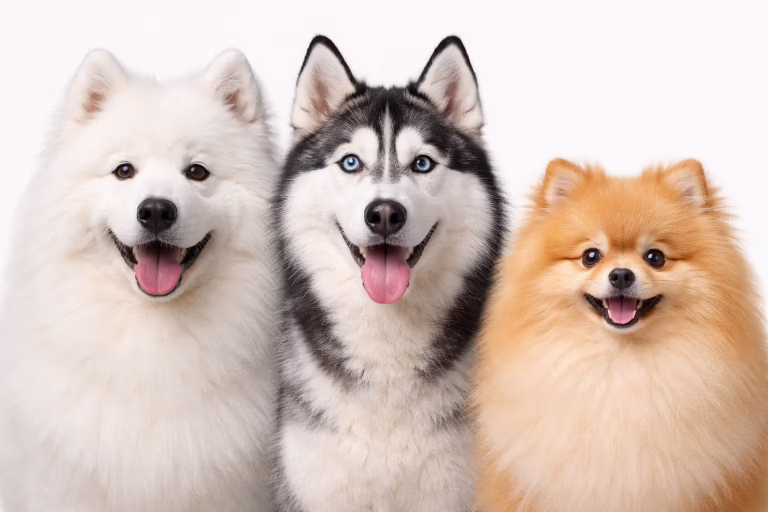 Three fluffy dog breeds side by side showing different coat types