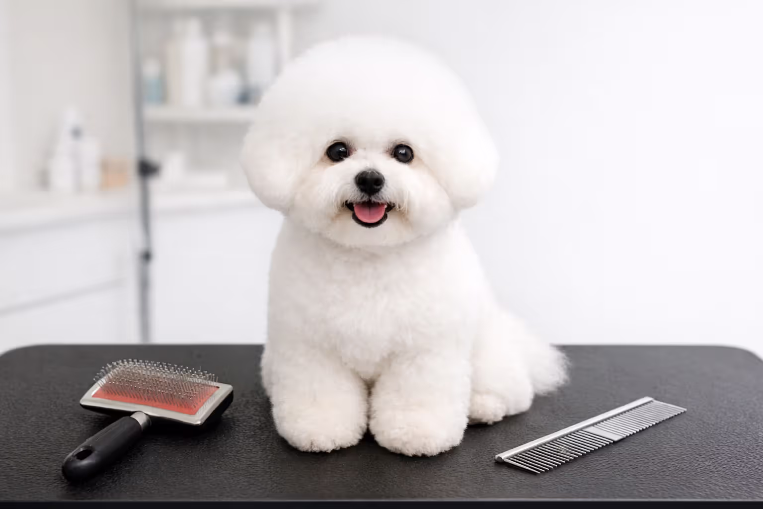 Bichon Frise being groomed at a professional pet salon