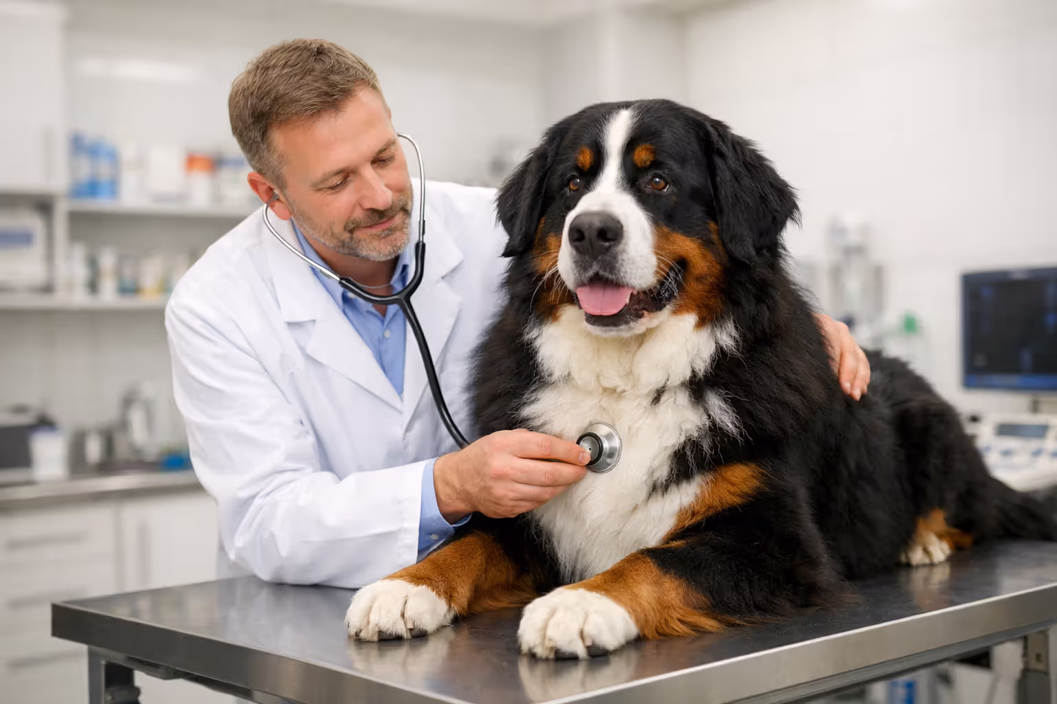 Veterinarian examining a large fluffy dog during a health checkup