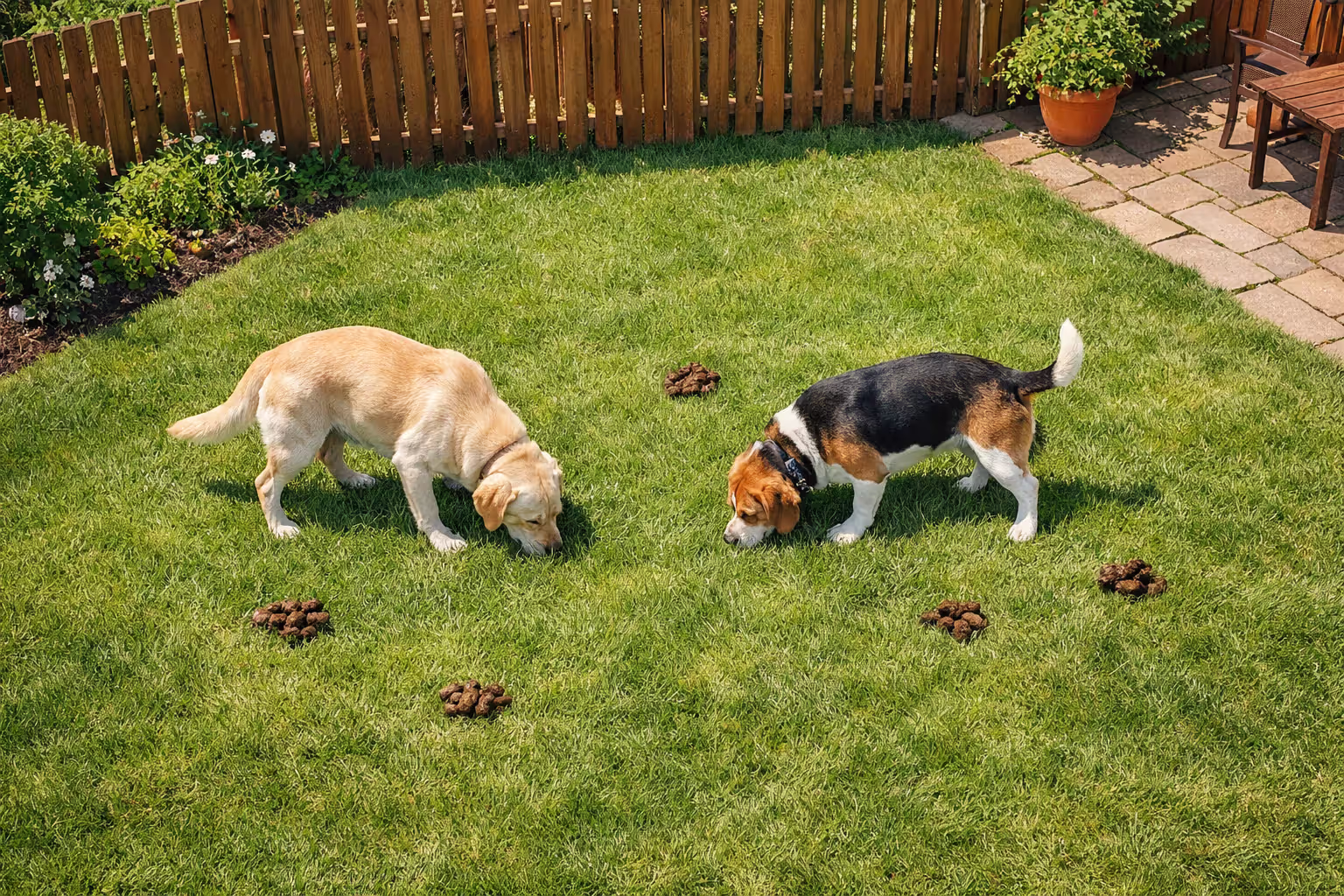 Two dogs sniffing grass in a fenced backyard with visible dog feces on the lawn illustrating parasite contamination risk