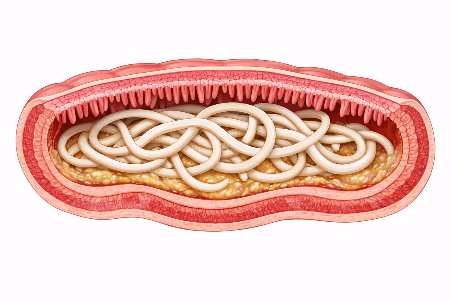 Medical illustration showing cross-section of a dog’s small intestine with white roundworms (Toxocara canis) inside the intestinal lumen