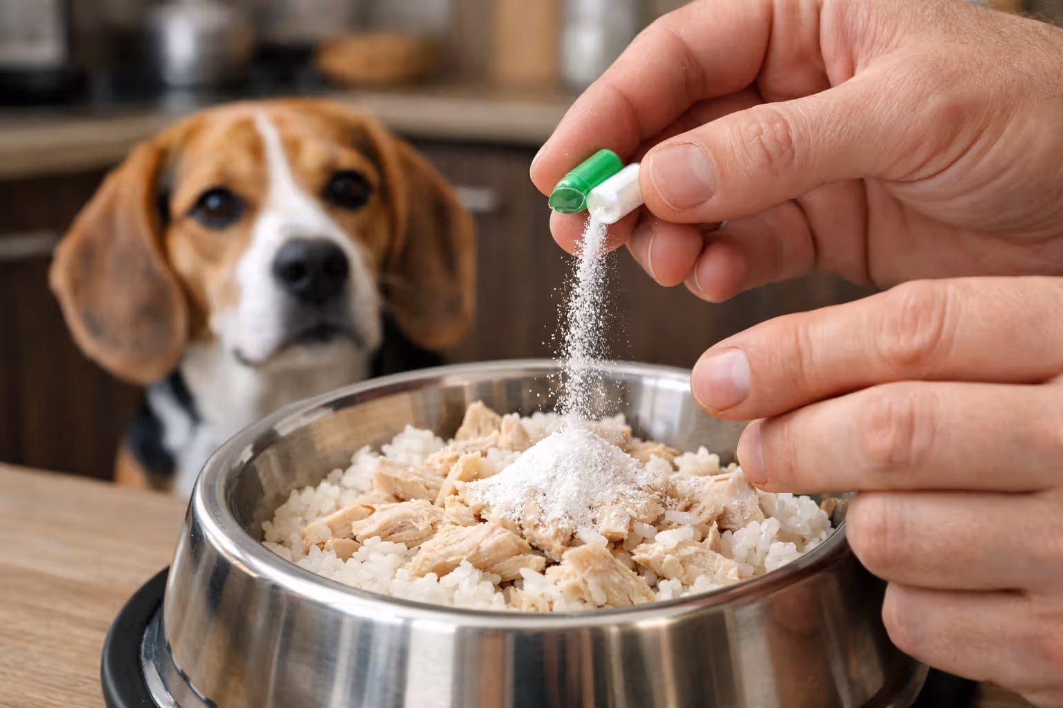Owner opening probiotic capsule over bowl of boiled chicken and rice for dog with diarrhea