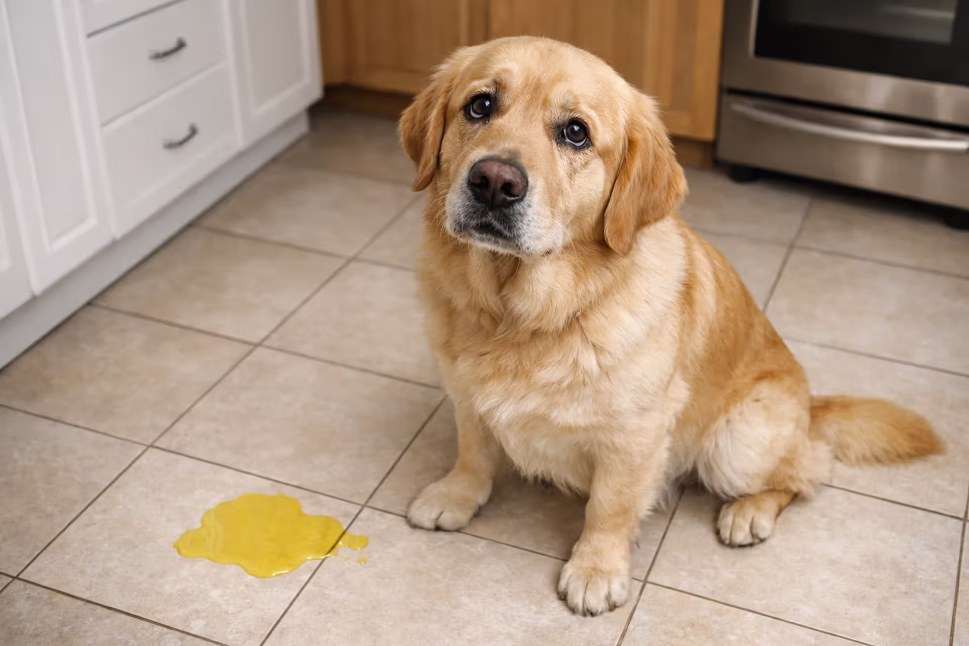 Dog sitting on kitchen floor next to a puddle of yellow bile vomit looking up with guilty expression