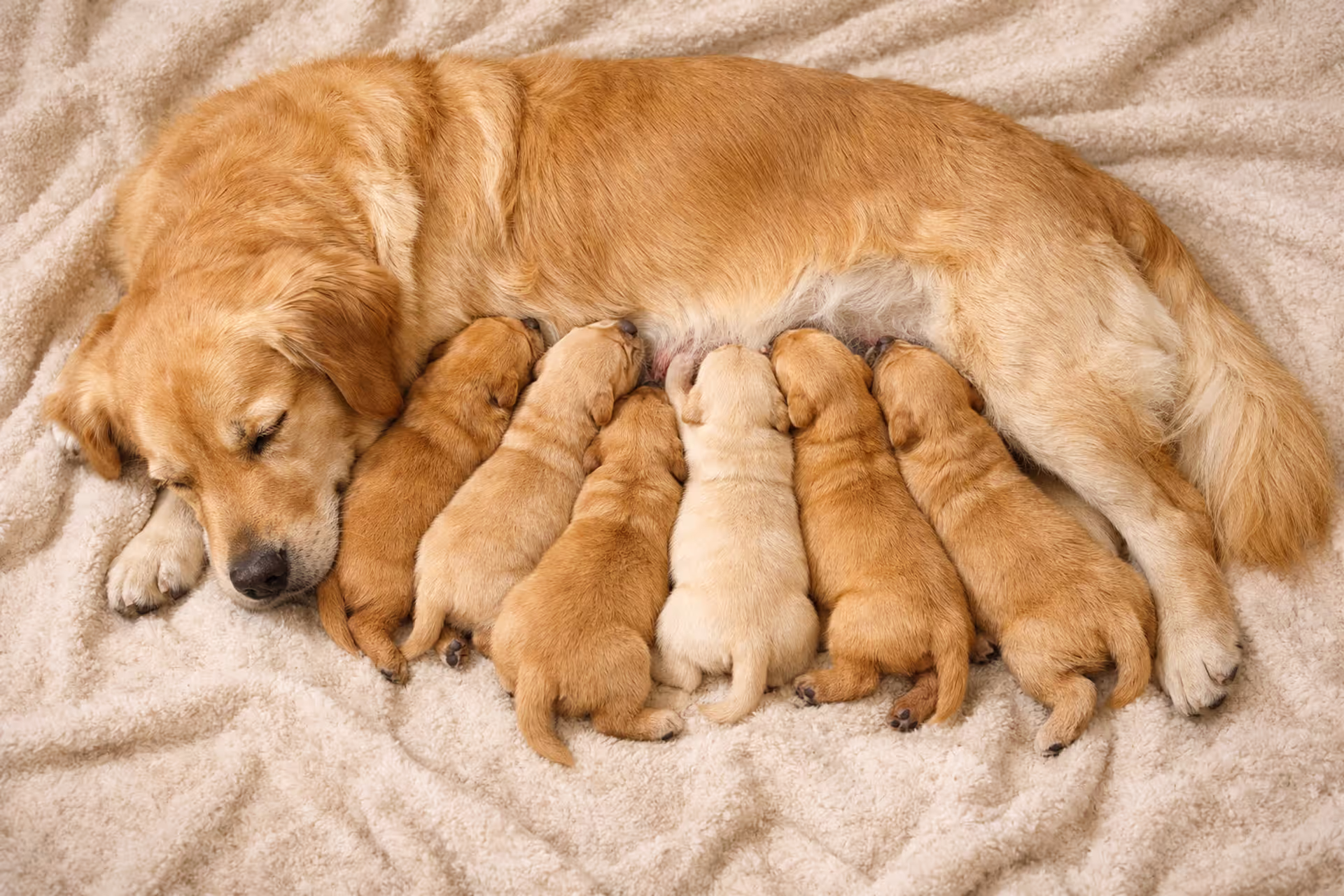 Golden Retriever mother lying with her litter of newborn puppies nursing on a soft blanket