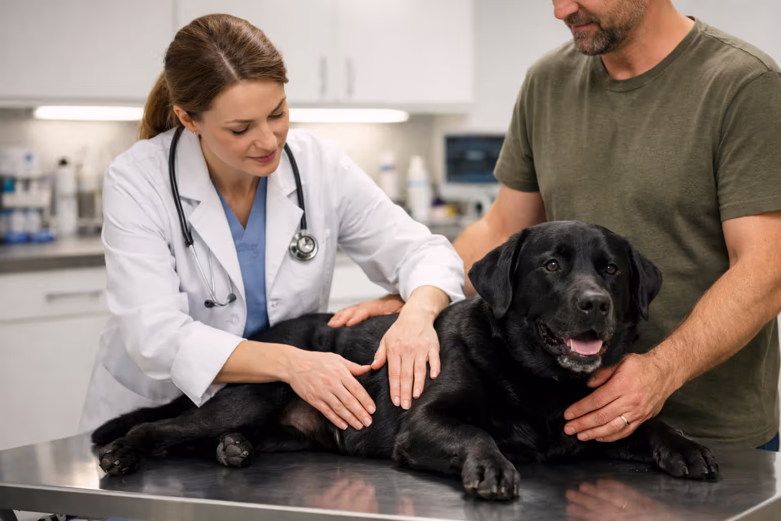 Veterinarian examining a dog’s abdomen on examination table while owner stands nearby