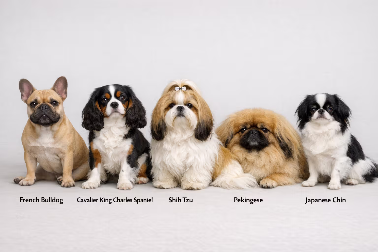 Five small low-energy dog breeds in a row: French Bulldog, Cavalier King Charles Spaniel, Shih Tzu, Pekingese, and Japanese Chin