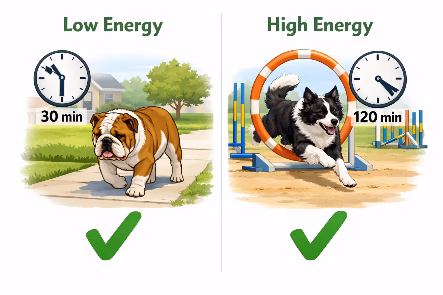 Infographic comparing low-energy dog exercise needs of 30 minutes walking versus high-energy dog needs of 120 minutes intense activity