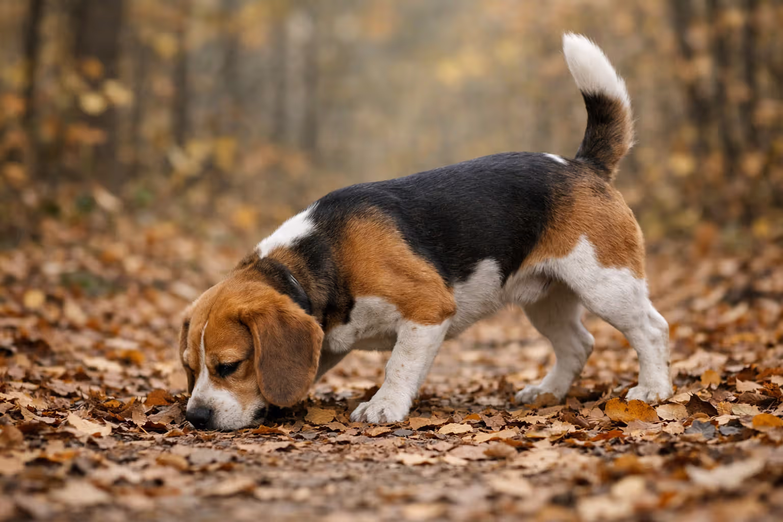 Beagle sniffing ground intently while tracking scent on forest trail