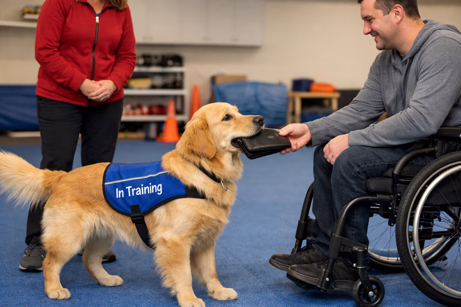 Young golden retriever in a training vest retrieving an item for a wheelchair user during a service dog training session