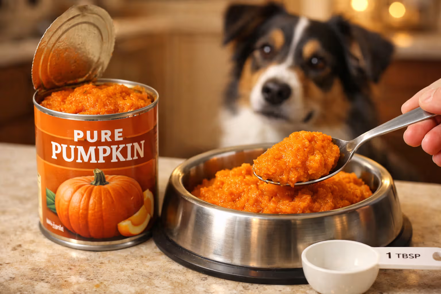 Canned plain pumpkin being spooned into a dog food bowl as a constipation remedy