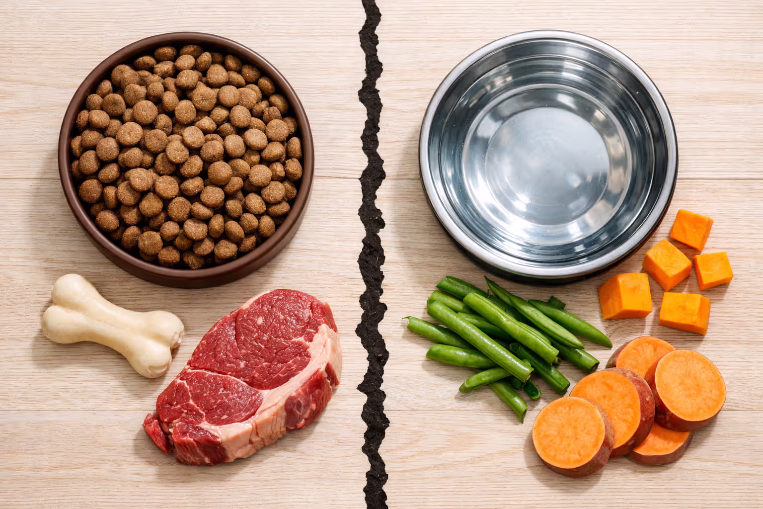 Flat lay comparison of foods that cause dog constipation versus fiber-rich foods that help prevent it