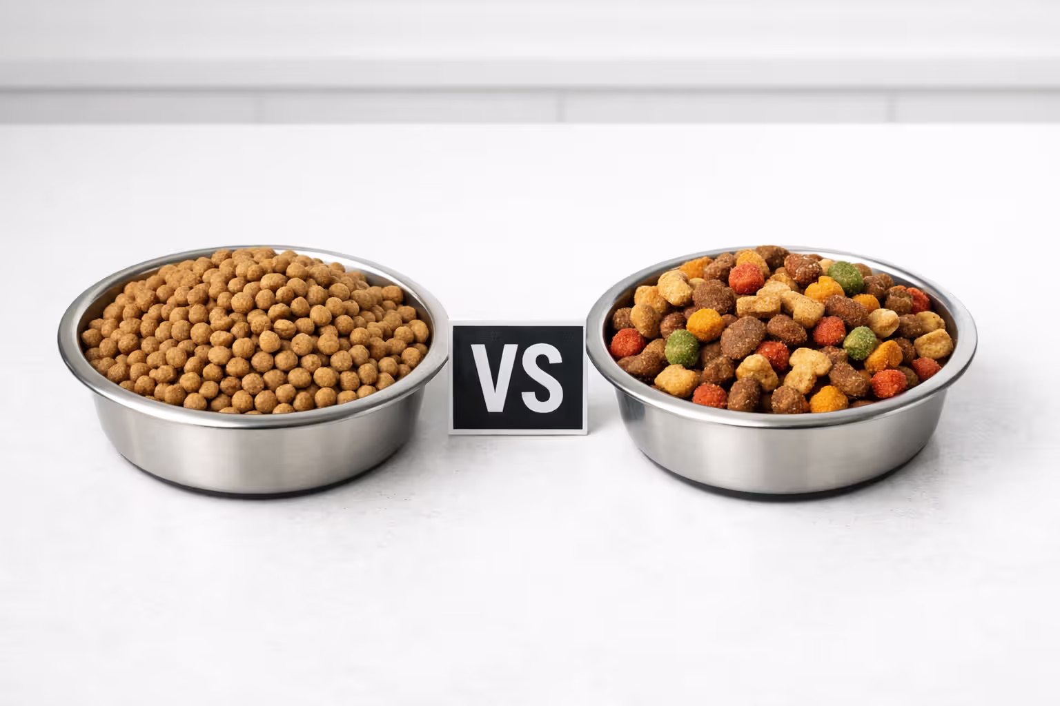 Side-by-side comparison of low-quality and high-quality dog food in two bowls