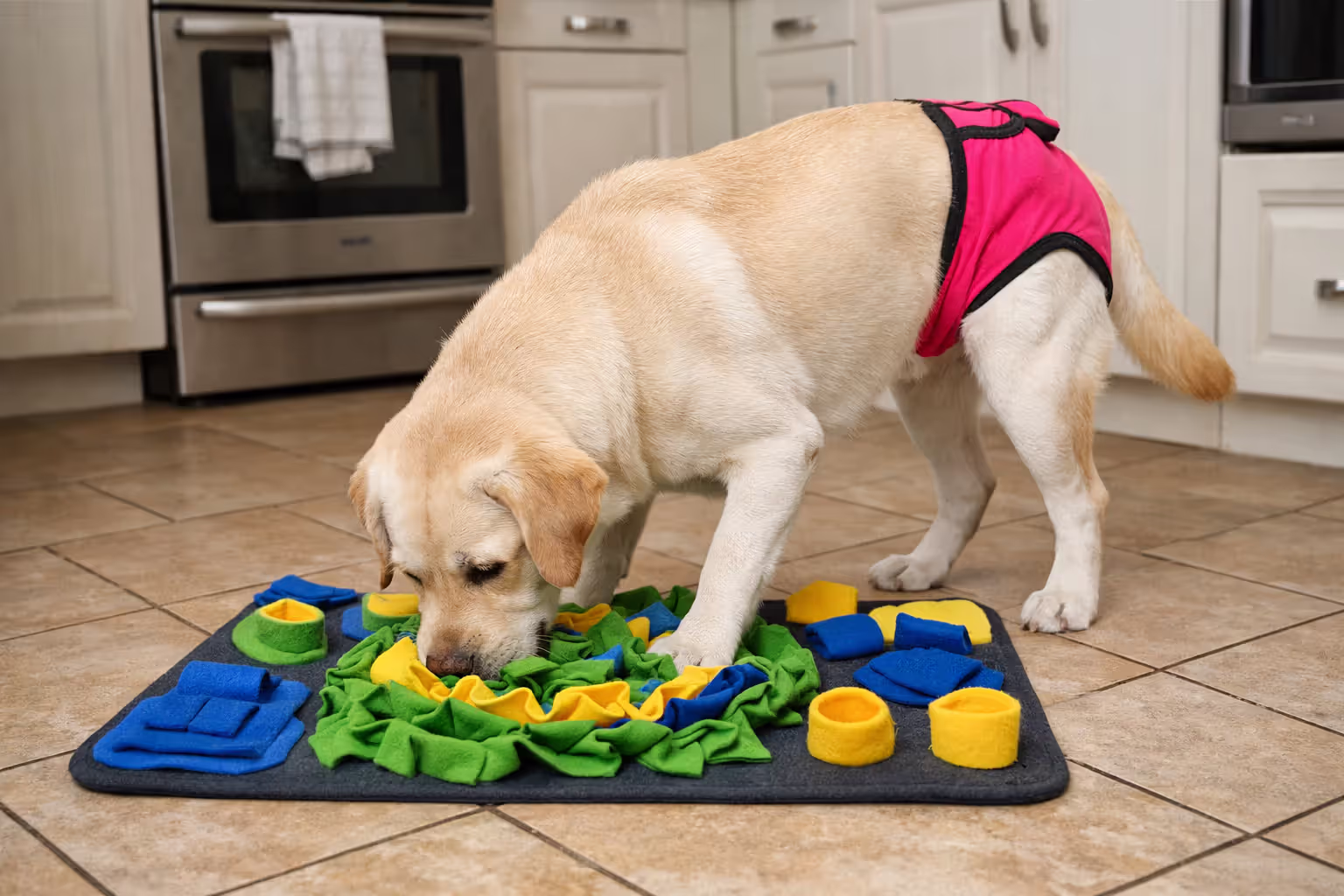 Labrador wearing a dog diaper playing with a puzzle toy on a kitchen floor — indoor mental stimulation during heat