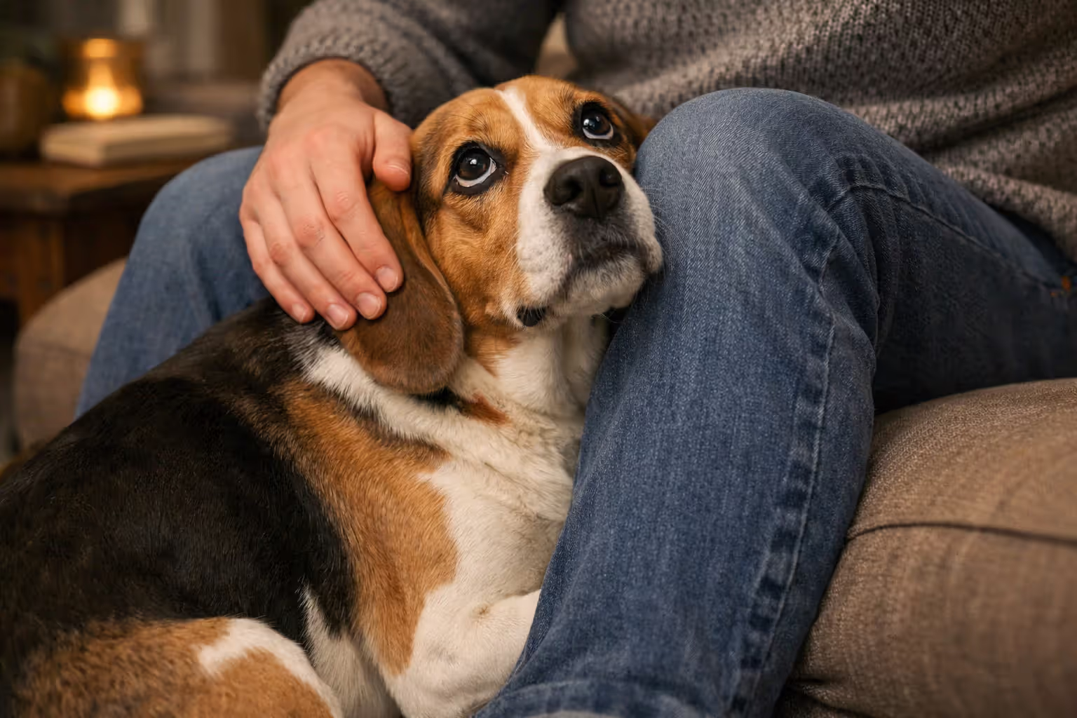 Dog pressing closely against owner on a couch and looking up anxiously — clingy behavior during heat cycle