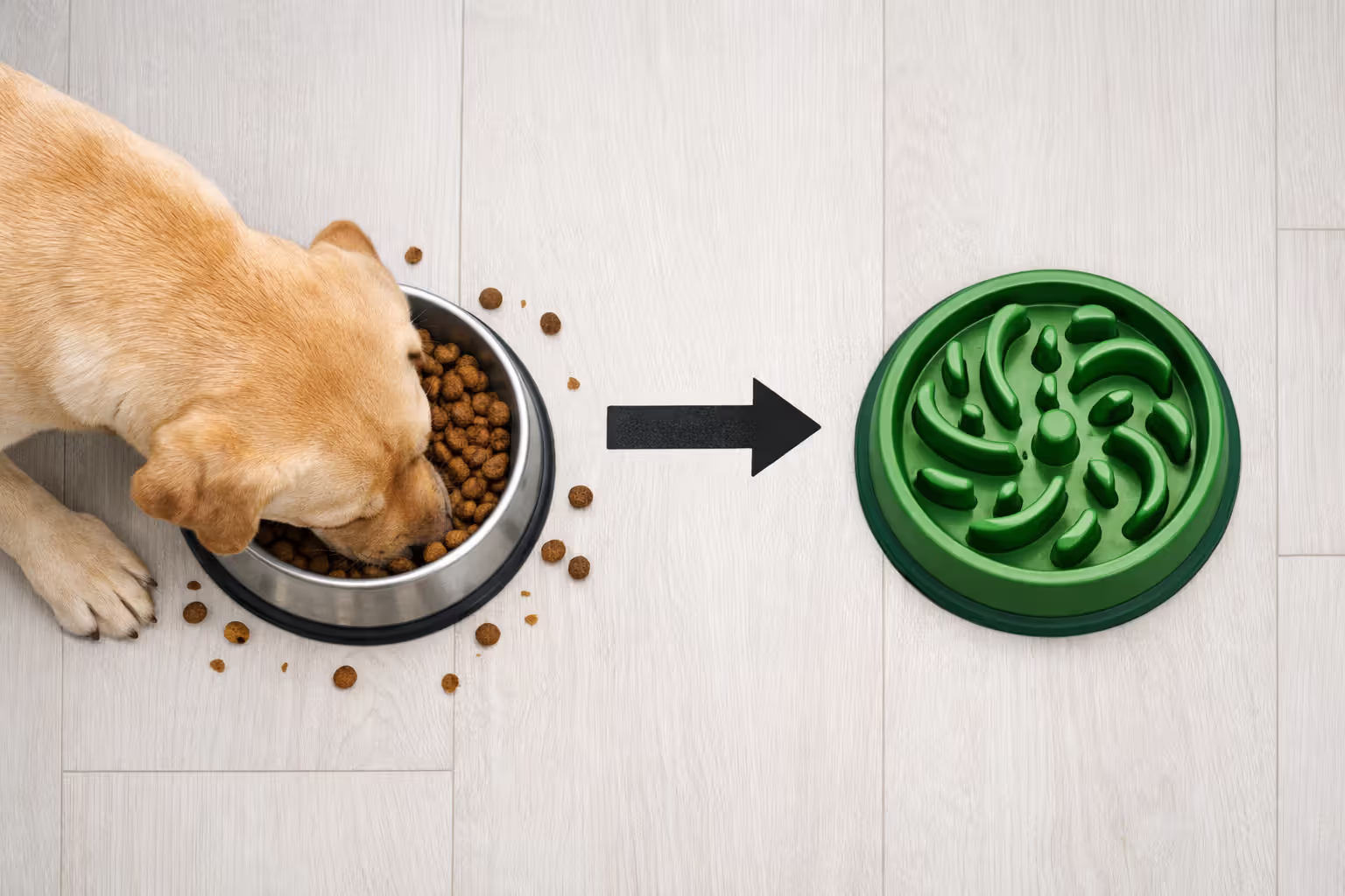 Labrador gulping food from a standard bowl next to a slow feeder bowl — fast eating causes air swallowing and dog gas